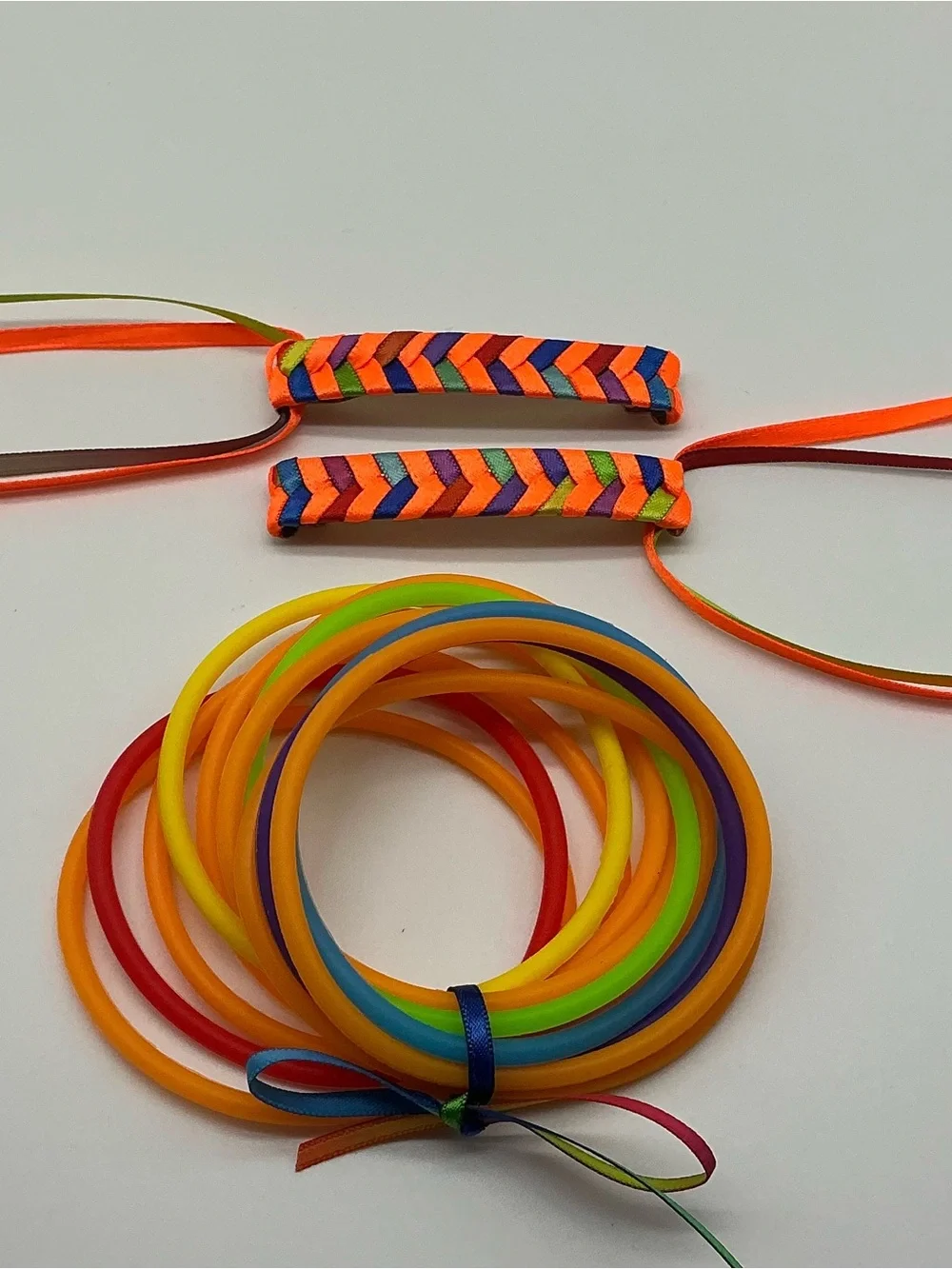 Neon Orange and Rainbow 80s Barrettes & 12 Orange and Rainbow Jelly Bracelets